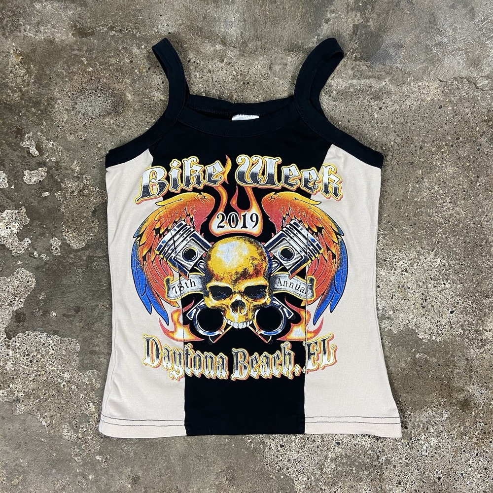 Bike Week 2019 Tank Top Women's Size Medium Black White Color Block Skull Biker